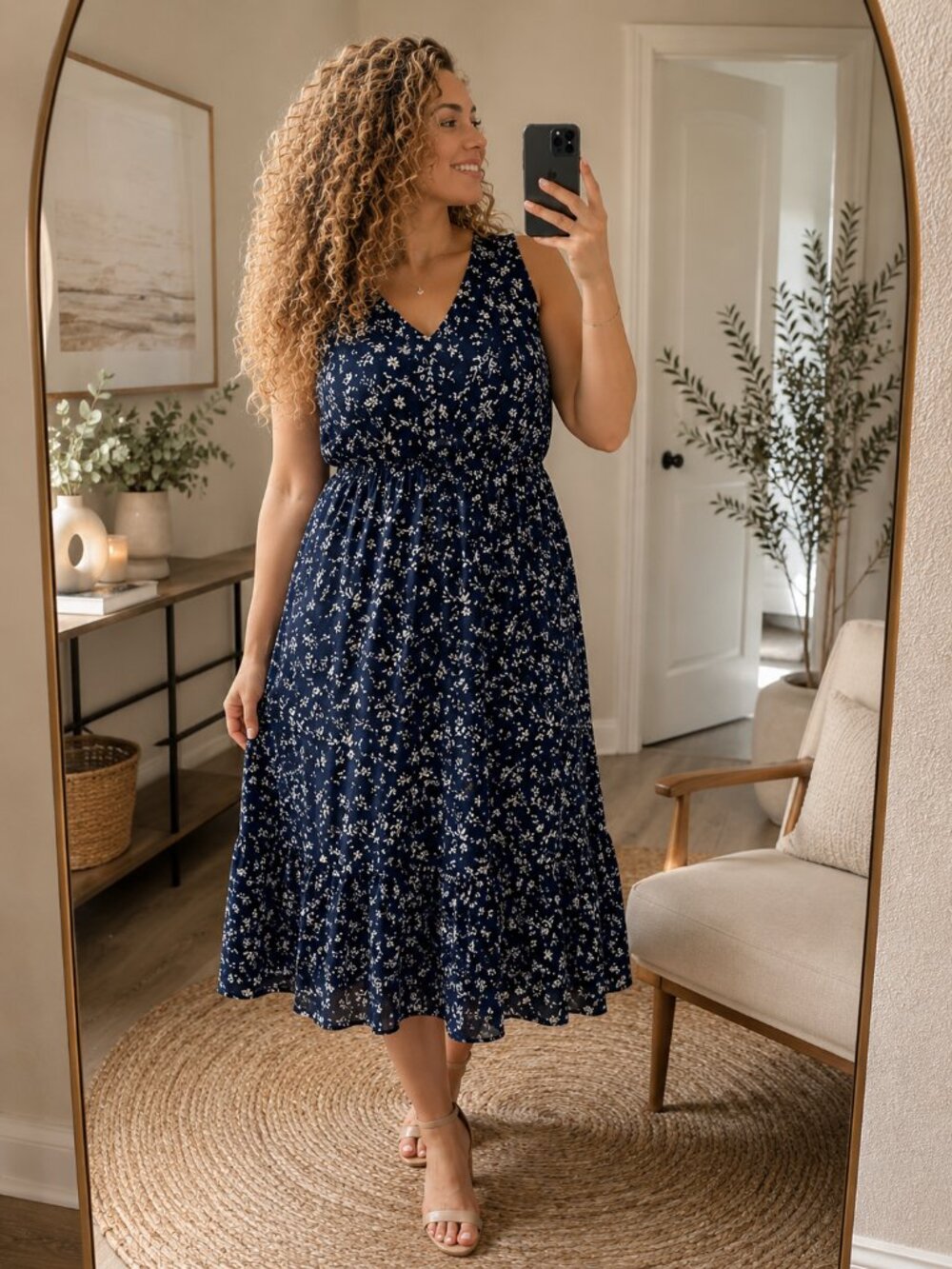 Jane and Delancey Floral Midi Dress | Casual Sleeveless V-Neck